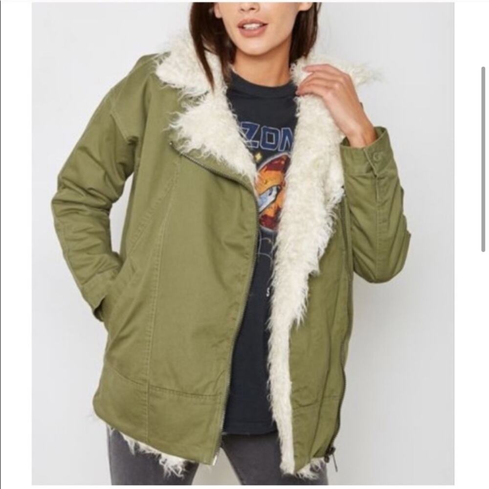 Topshop Faux Fur Parka Coat Army Green Size 4